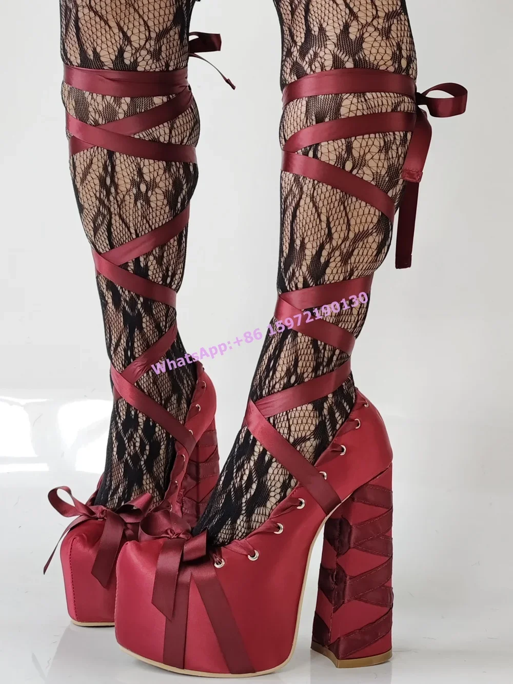 Ribbon Tie Heel - Red Satin Ribbon Platform Pumps Cross