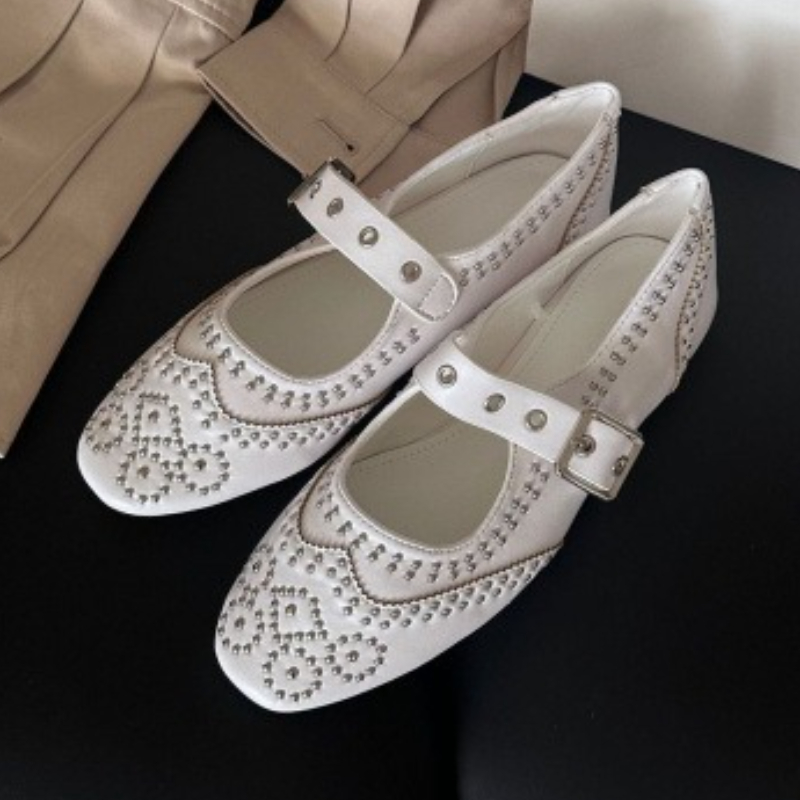 Shoes For Women Flats - Retro Rivet Buckle Design Flats Women