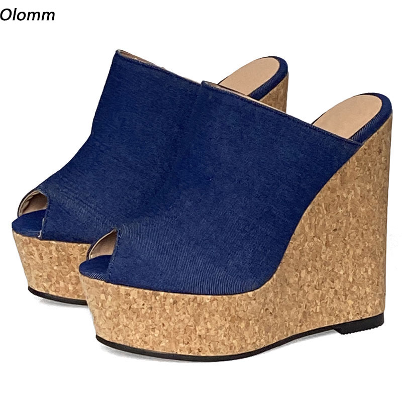 Cork Wedge Sandal - Olomm Handmade Women Mules Sandals Denim