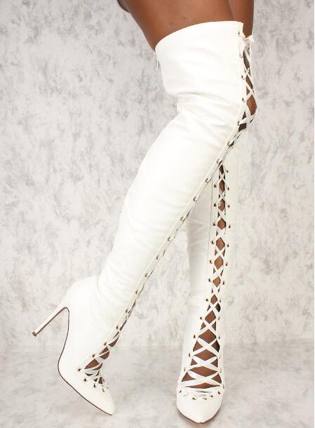 Ribbon Tie Heel - Fashion Women White Black Solid Suede