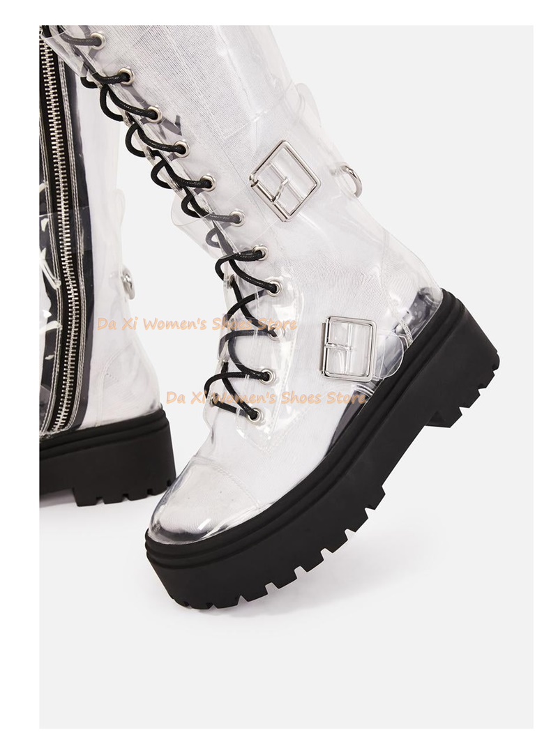Knee High Boots Women - Round Head Transparent Material Belt Buckle