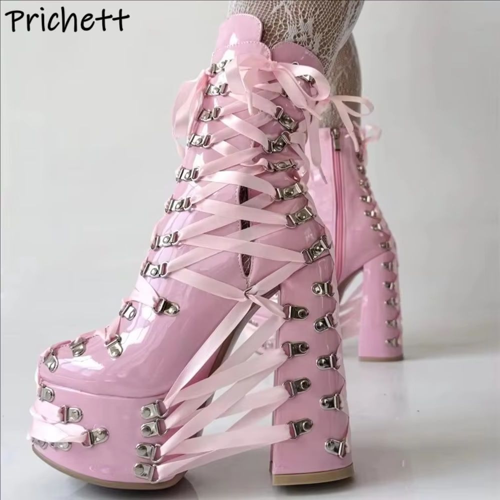 Ribbon Tie Heel - Black Pink Cross Tied Ankle Boots