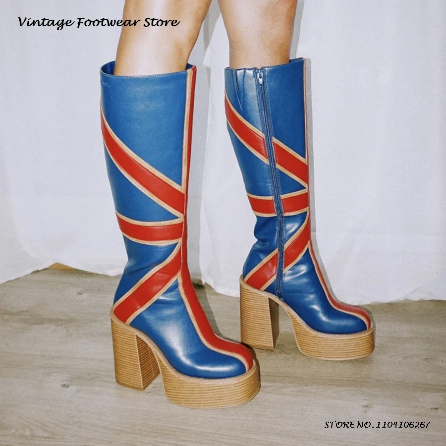 Knee High Boots Women - Patchwork Leather Platfrom Knee Boots British