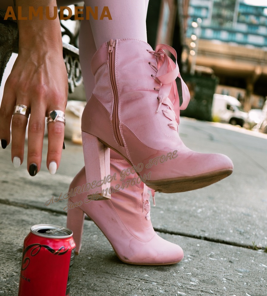 Ribbon Tie Heel - ALMUDENA Pink Satin Chunky Heel Ankle