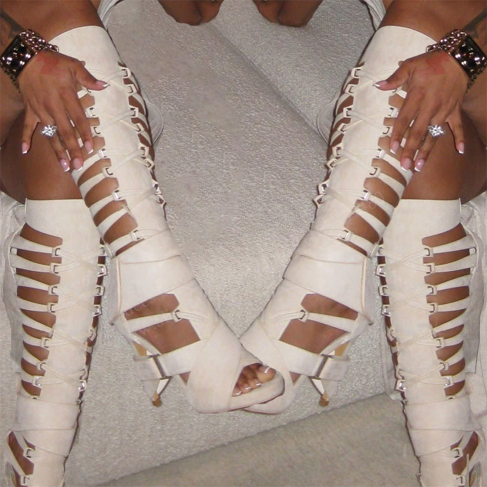 Knee High Boots Women - Gladiator Hollow Belt Buckle Knee High