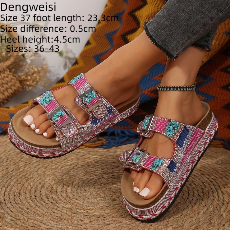 Cork Wedge Sandal - Fashion Pink Beaded Platform Wedge Women's