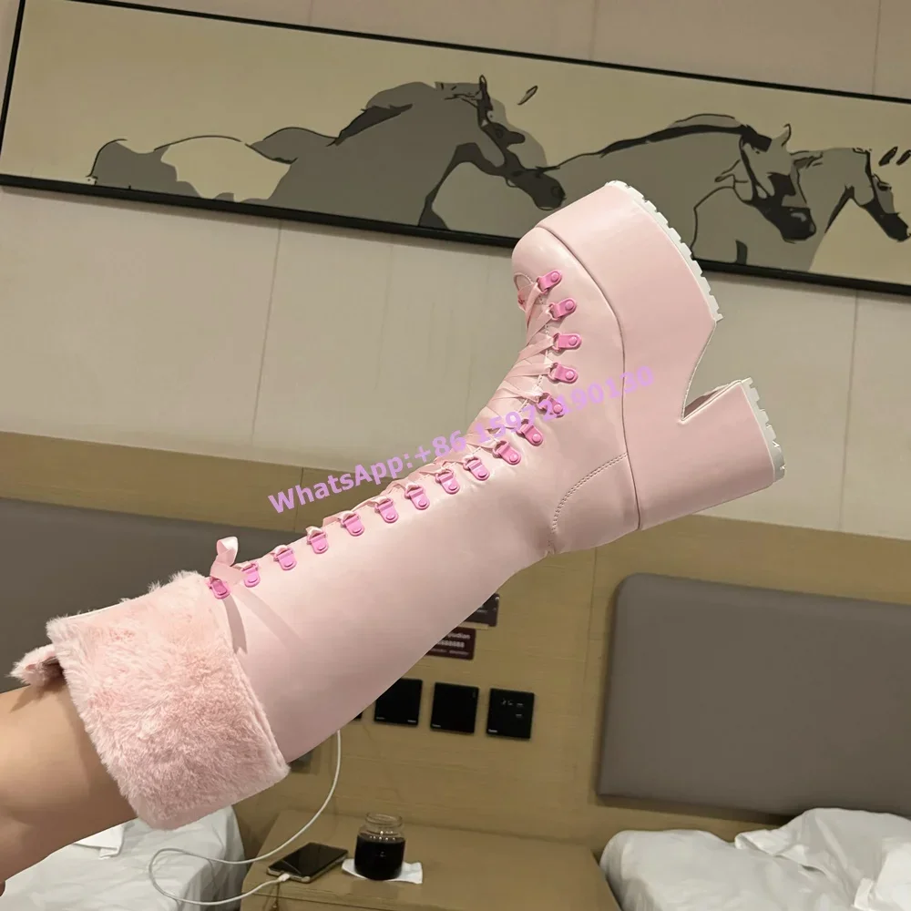 Ribbon Tie Heel - Pink Furry Boots Thick Soled Leather