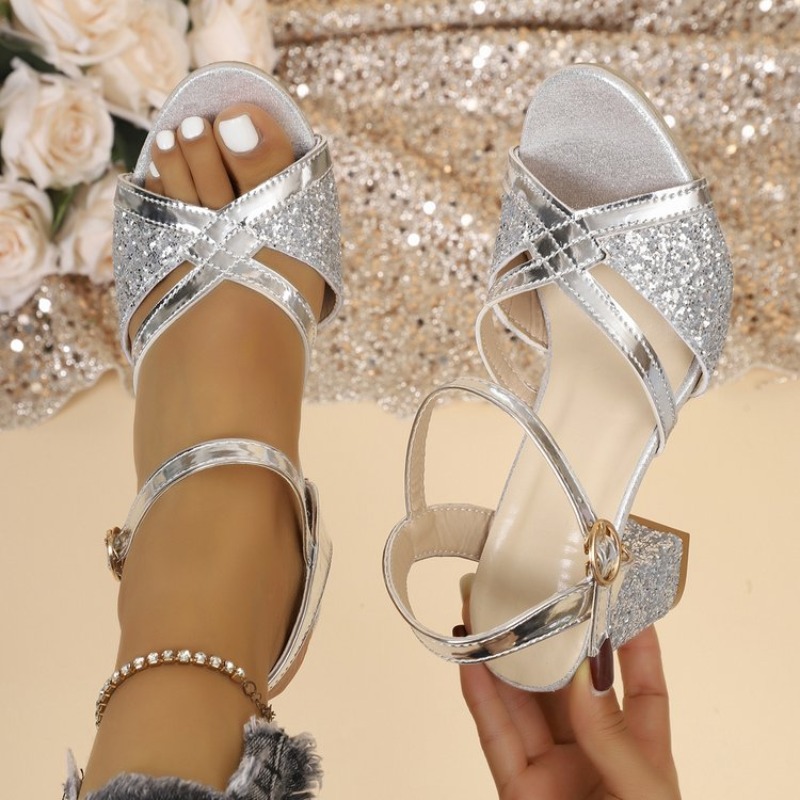Square Toe Mule - Women Block Heels Sandals Gold Sparkly