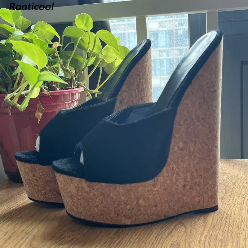Cork Wedge Sandal - Ronticool Handmade Women's Black Pony Hair