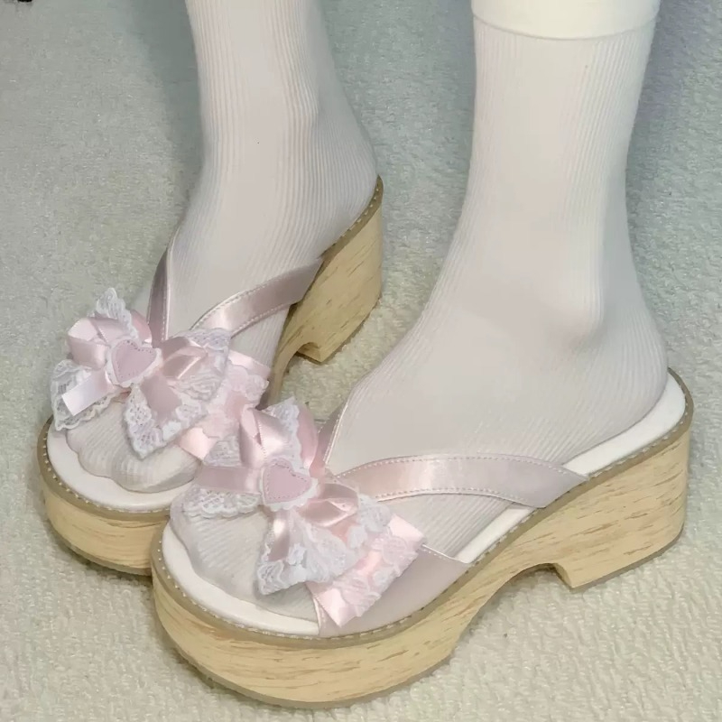 Women Shoes Japan - Sweet Bow Wood Grain Thick Bottom
