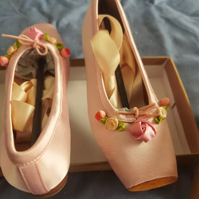 Ribbon Tie Heel - Women Pink Satin Square Toe Low
