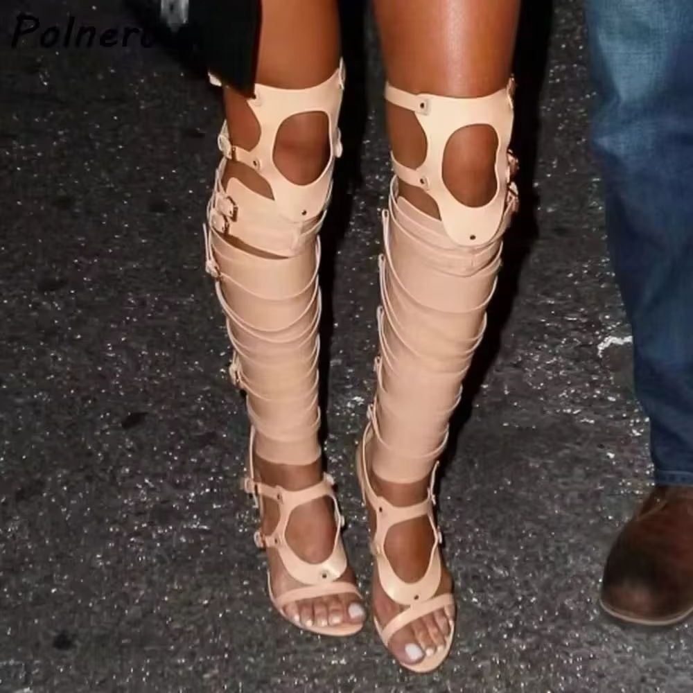 Knee High Boots Women - Hollow Buckle Strap Sandals Boots Brown