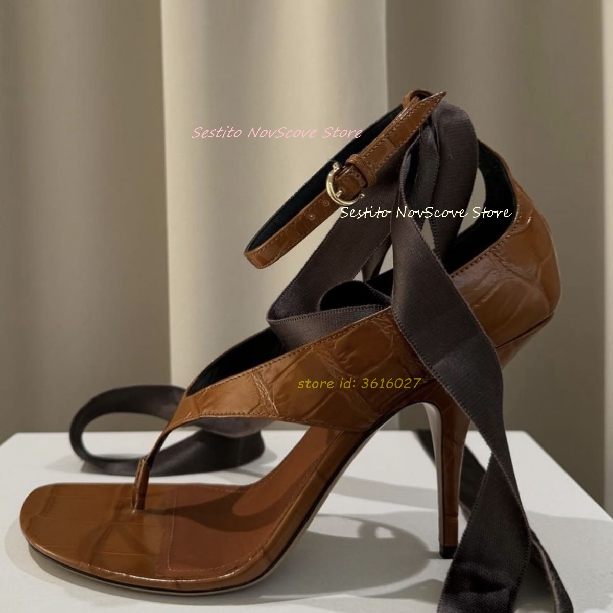 Platform Mule Heel - Brown Open Toe Lace Up Sandals