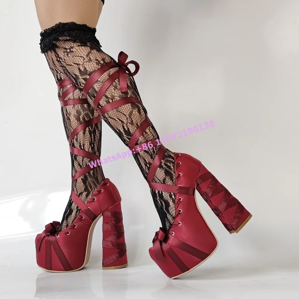 Red Satin Ribbon Platform Pump - Ribbon Tie Heel 评论和价格