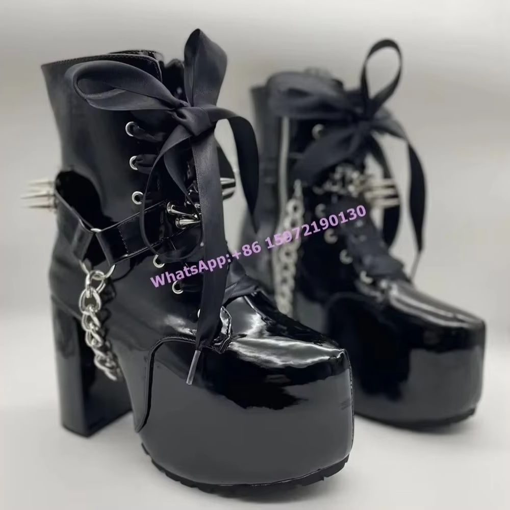 Ribbon Tied Rivet Black Boots  - Ribbon Tie Heel 评论和价格
