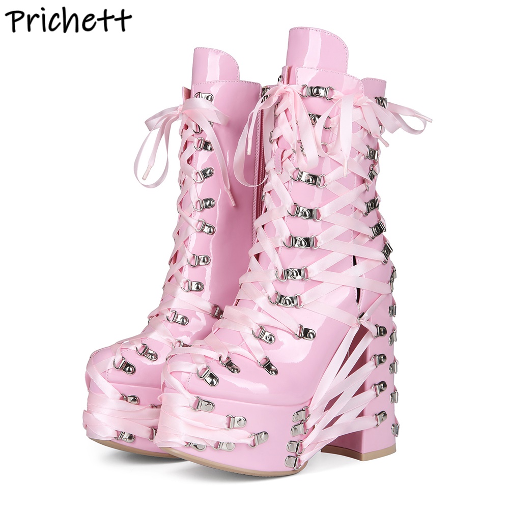 Black Pink Cross Tied Ankle Bo - Ribbon Tie Heel 评论和价格