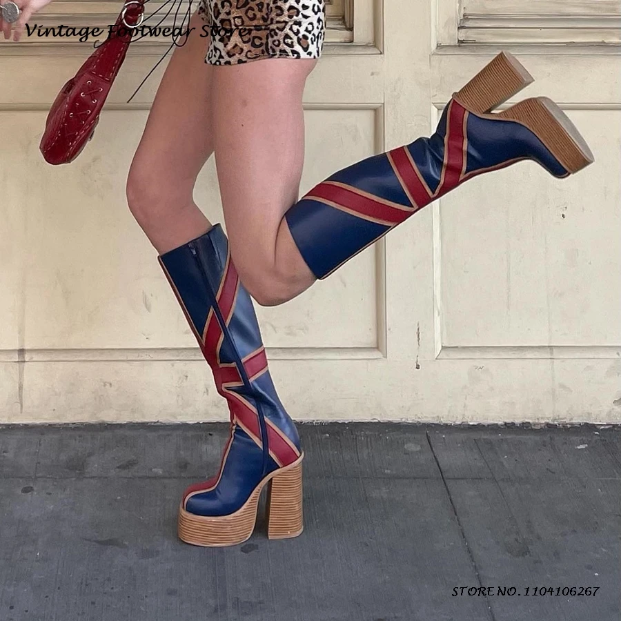 Patchwork Leather Platfrom Kne - Knee High Boots Women 评论和价格