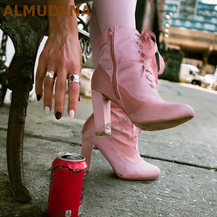 ALMUDENA Pink Satin Chunky Hee - Ribbon Tie Heel 评论和价格