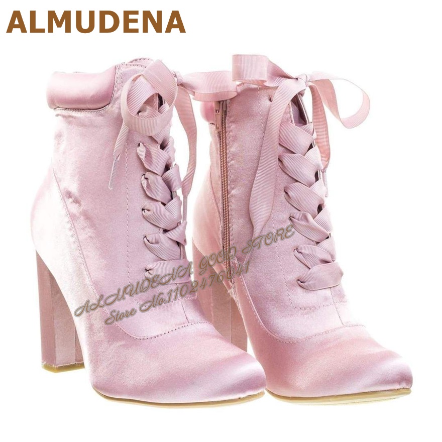 ALMUDENA Pink Satin Chunky Hee - Ribbon Tie Heel 评论和价格