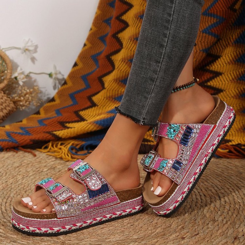 Fashion Pink Beaded Platform W - Cork Wedge Sandal 评论和价格