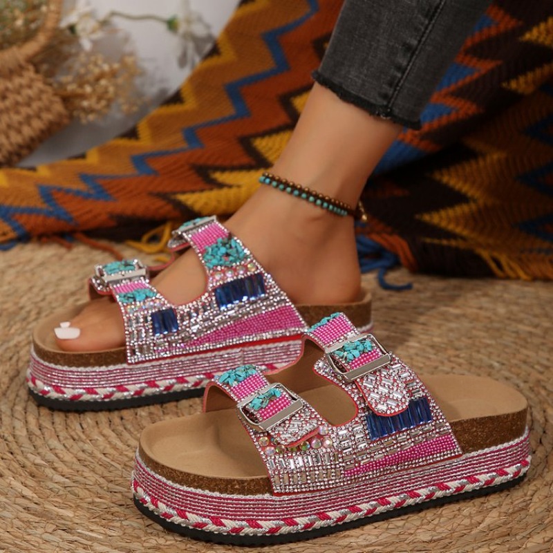 Fashion Pink Beaded Platform W - Cork Wedge Sandal 评论和价格