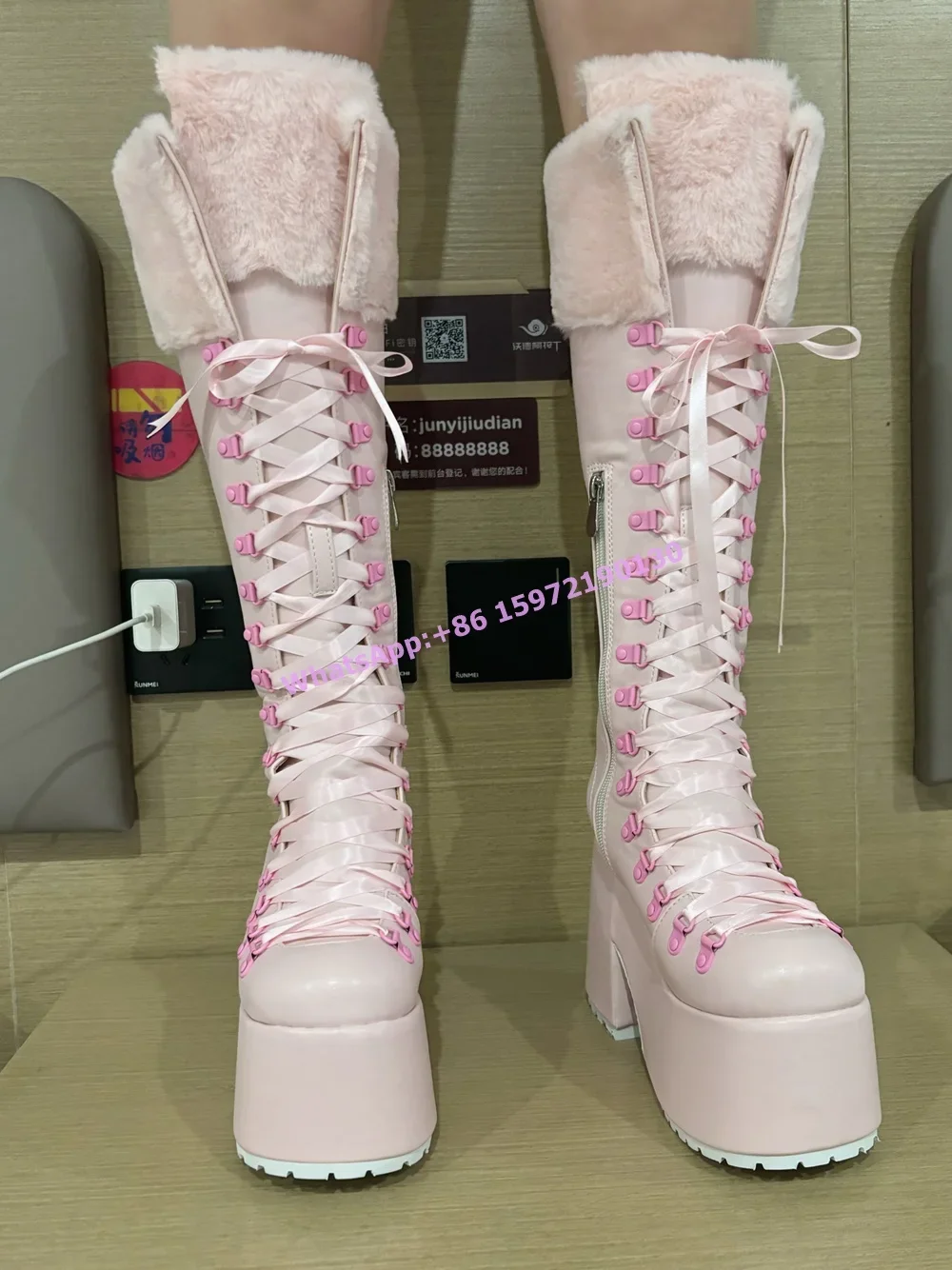 Pink Furry Boots Thick Soled L - Ribbon Tie Heel 评论和价格