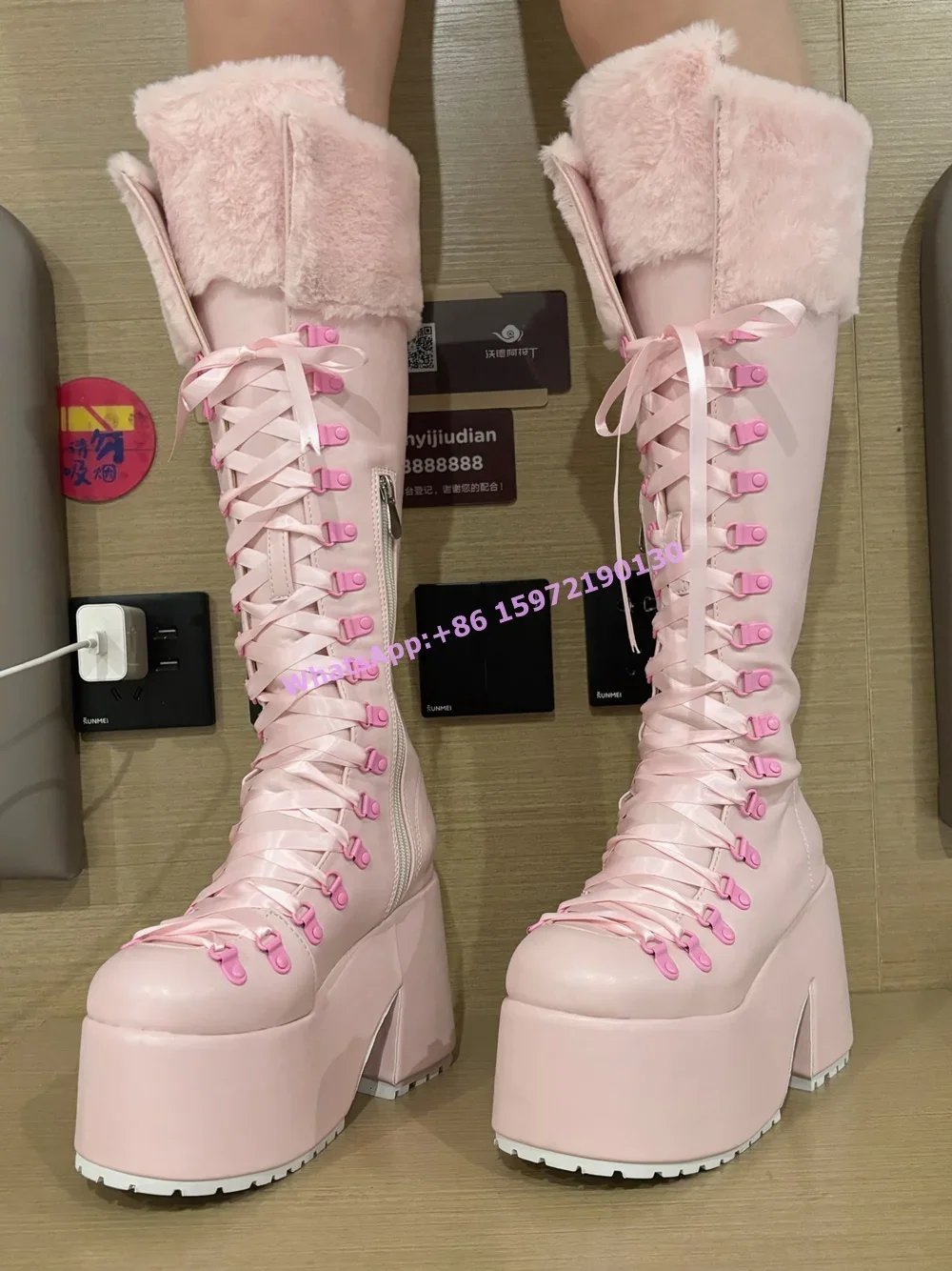 Pink Furry Boots Thick Soled L - Ribbon Tie Heel 评论和价格