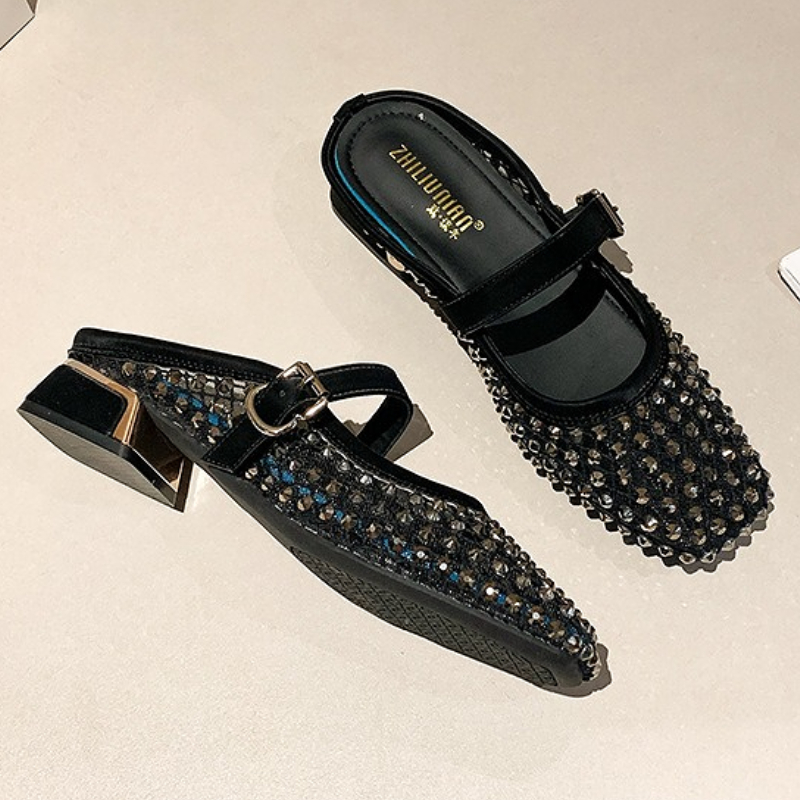 Mesh Rhinestone Chunky Heel Mu - Square Toe Mule 评论和价格